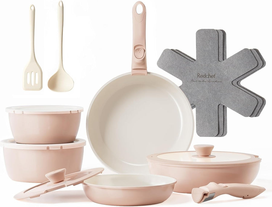 16pcs Pink Ceramic Cookware Set Non Stick Induction Safe Detachable Handle