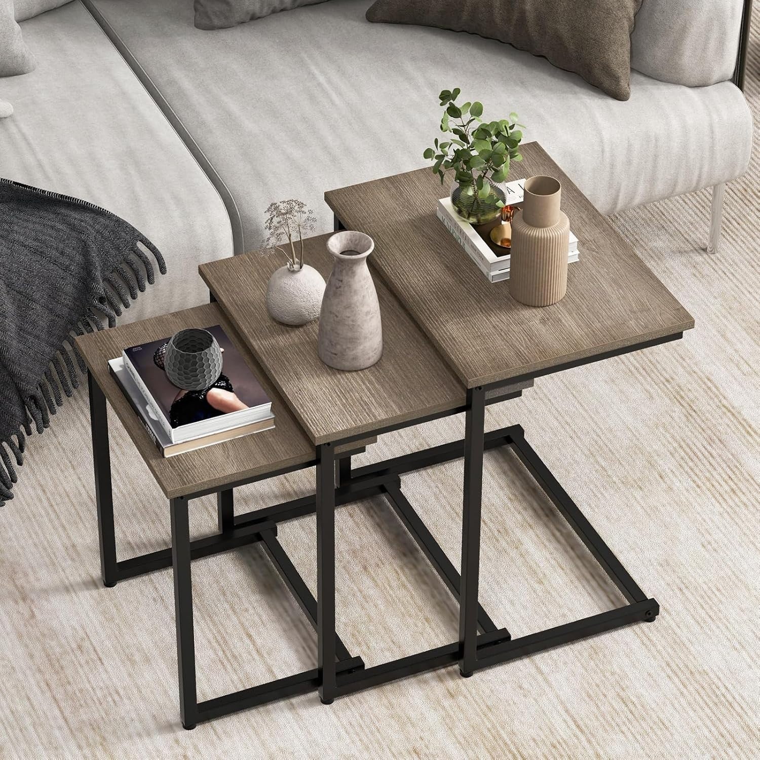 Nest of 3 C Table End Tables Stackable Coffee Side Laptop Sofa Tray Grey Oak