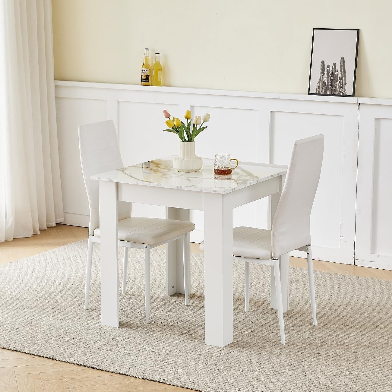 3 Piece Marble Dining Table Set with 2 White PU Chairs for Small Spaces