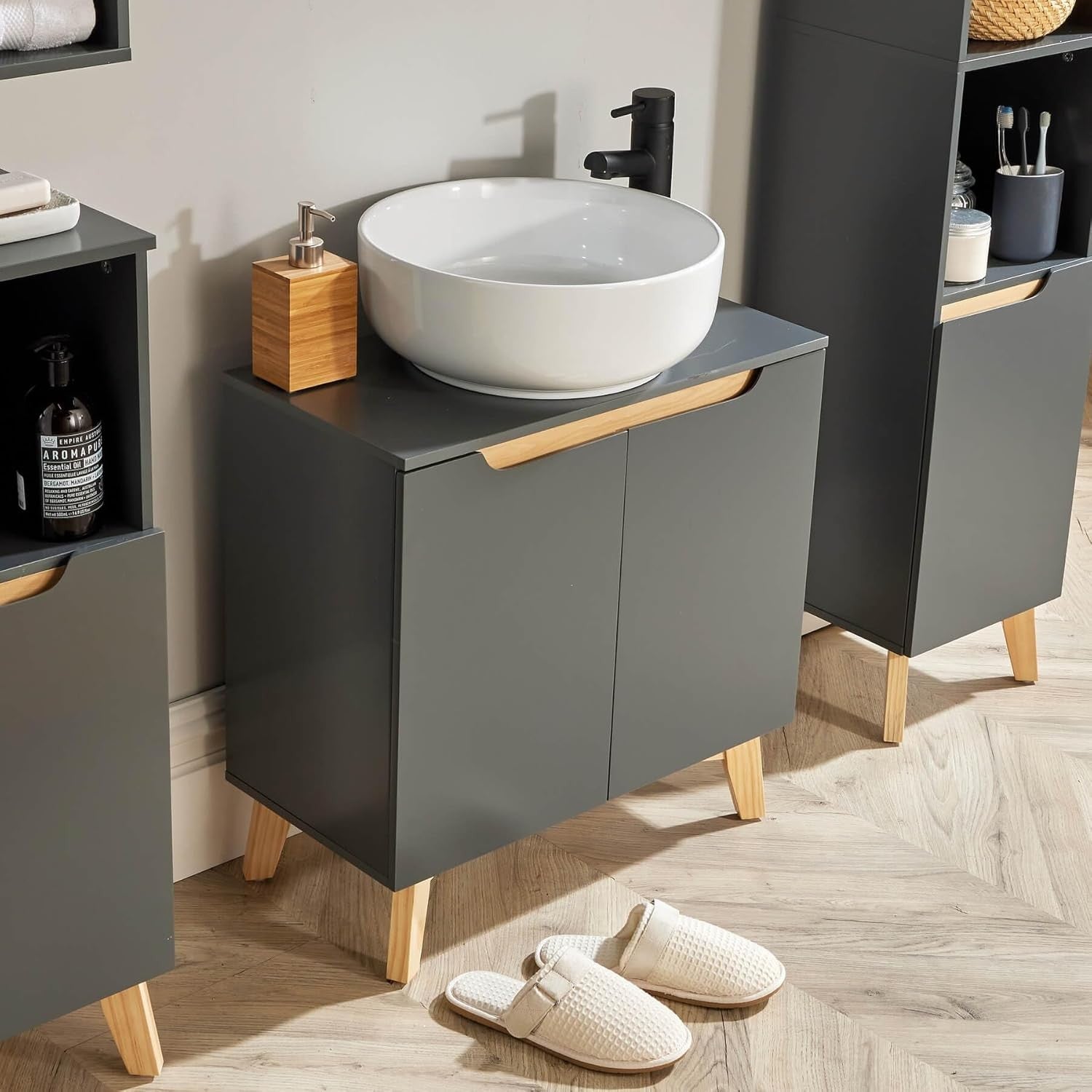 Modern Grey Bathroom Vanity Unit Under Sink Storage Cabinet with Wooden Legs