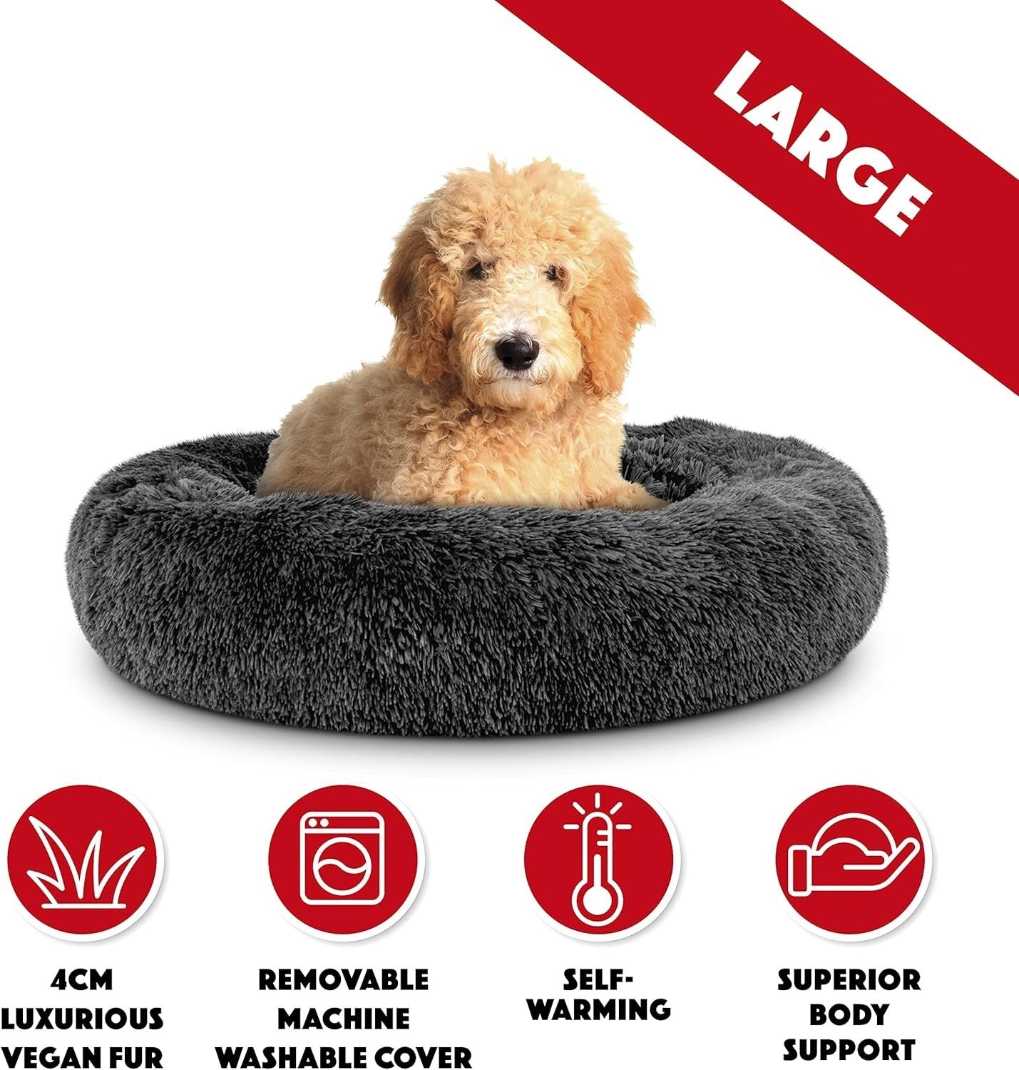 Large Plush Donut Dog Bed 91cm Calming Round Nest Grey