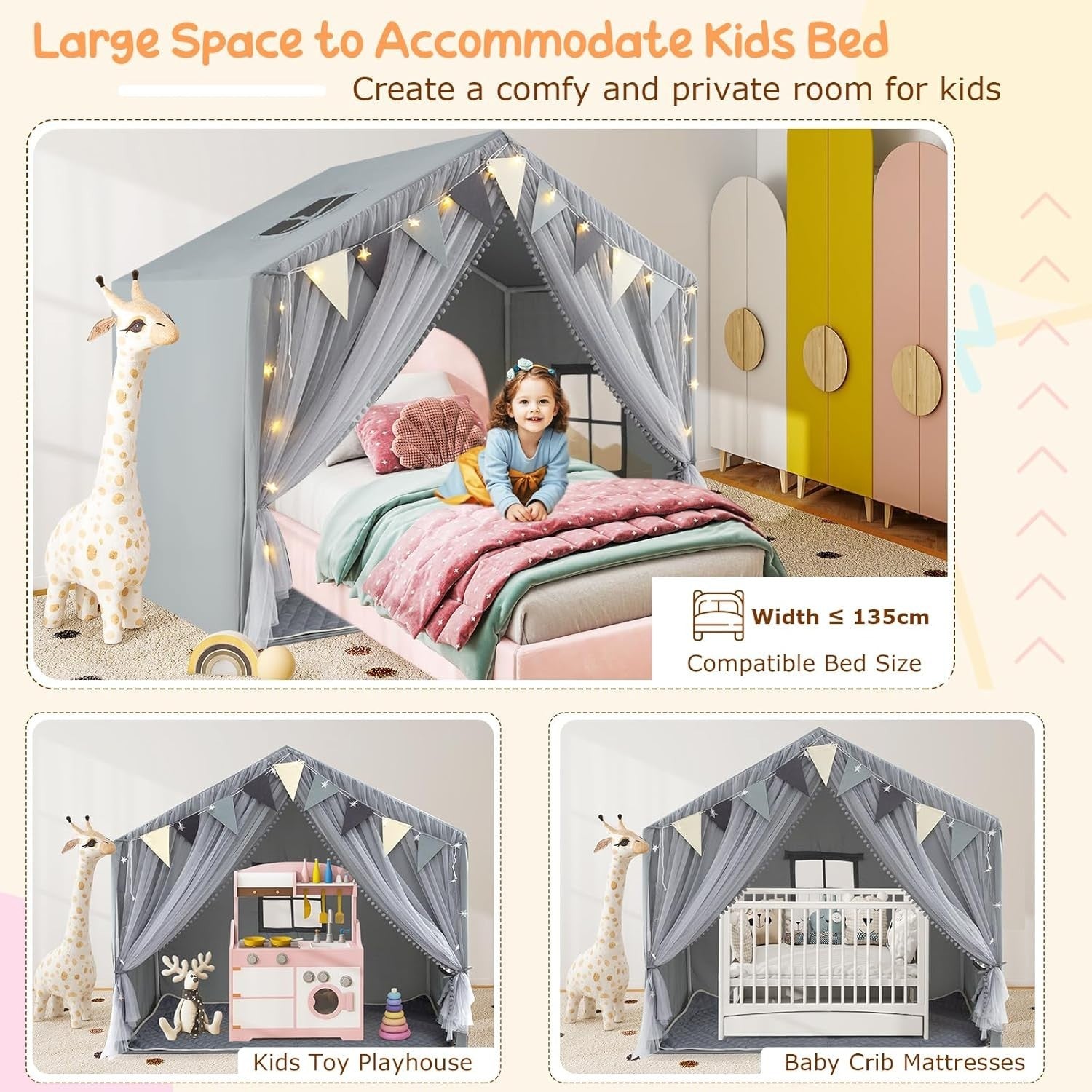 Large Kids Fairy Castle Play Tent Indoor w Mat Lights Windows Gift