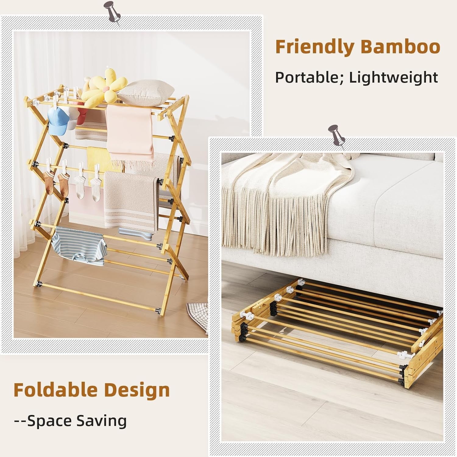 Bamboo Clothes Airer Folding Indoor Drying Rack Space Saving Laundry Stand