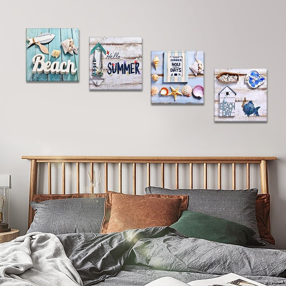 Beach Wall Art Canvas Prints 4 Piece Set Blue Ocean 30x30cm Framed Decor