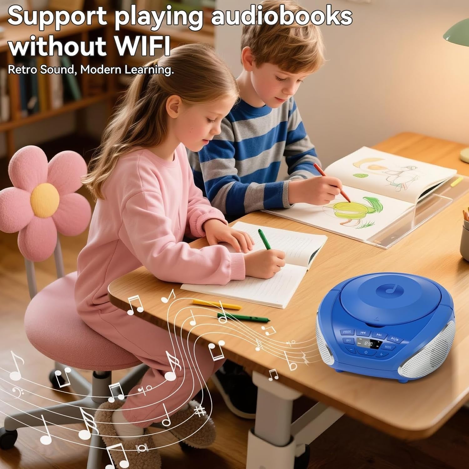 Portable CD Player Boombox Speakers FM Radio AUX Headphone Jack Blue