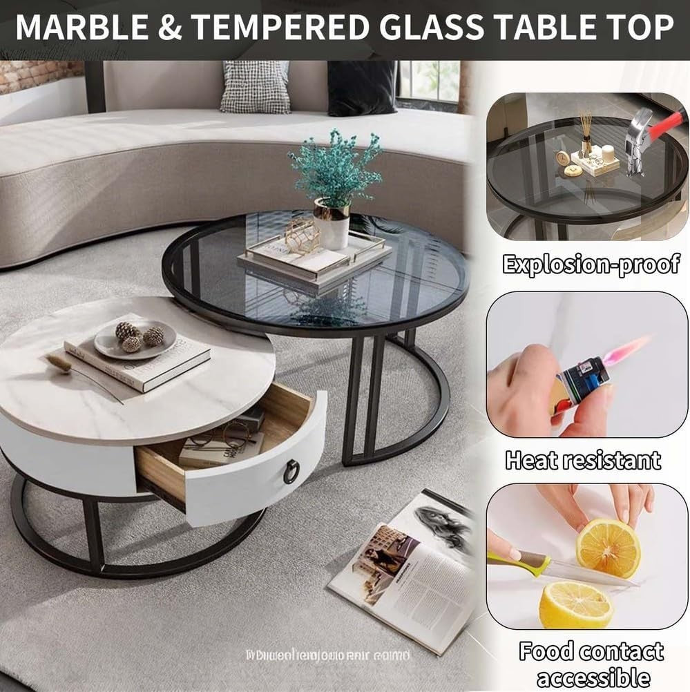 Nesting Coffee Table Set of 2 – Round Tables with Storage & Metal Frame