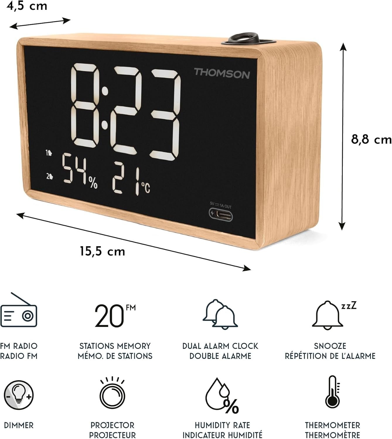 Projection Alarm Clock Radio Temperature Humidity USB Large Display