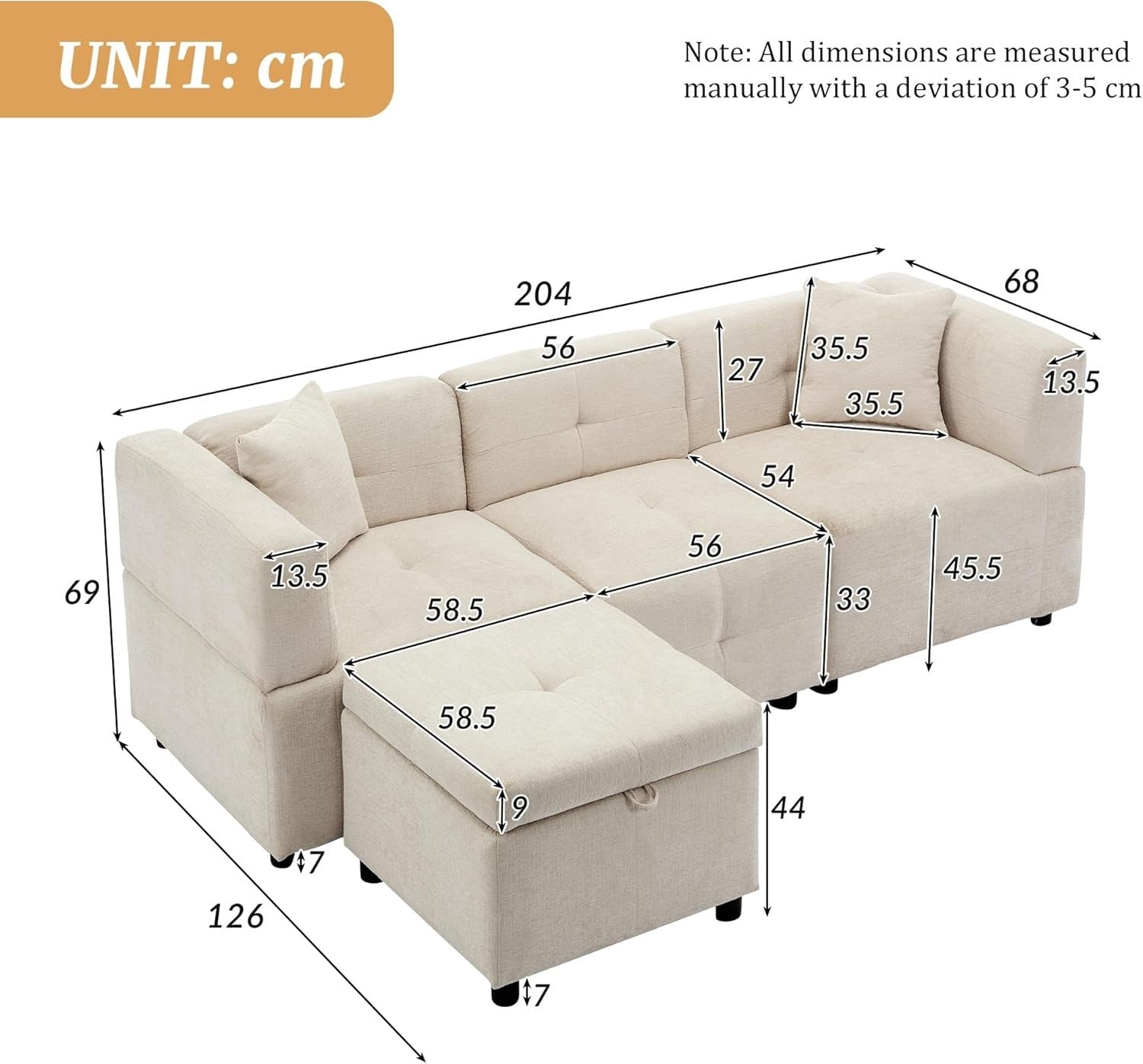 L Shape 3 Seater Sofa Bed with Storage Ottoman Beige Corner Couch Home
