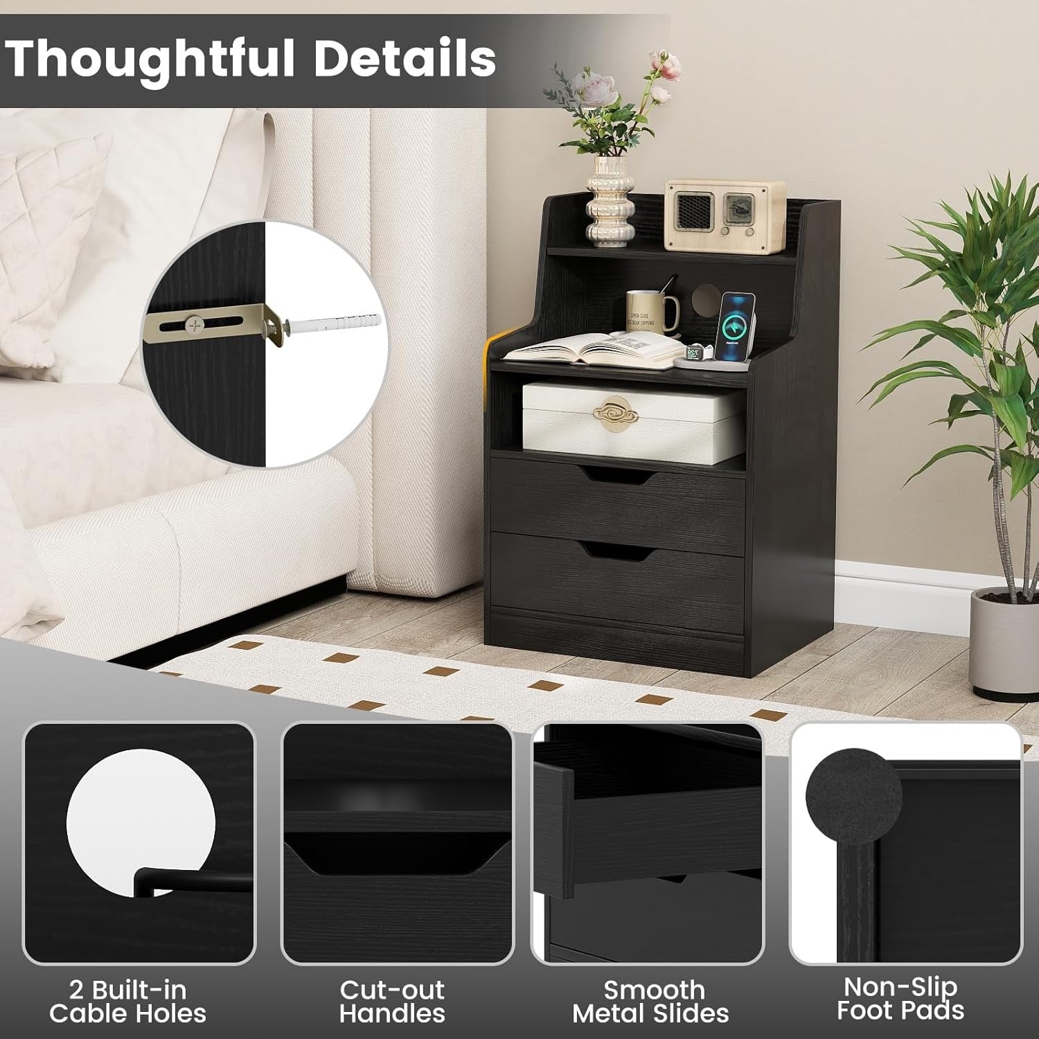 Black LED Bedside Tables with Charging Station, Drawers & RGB Display Shelves