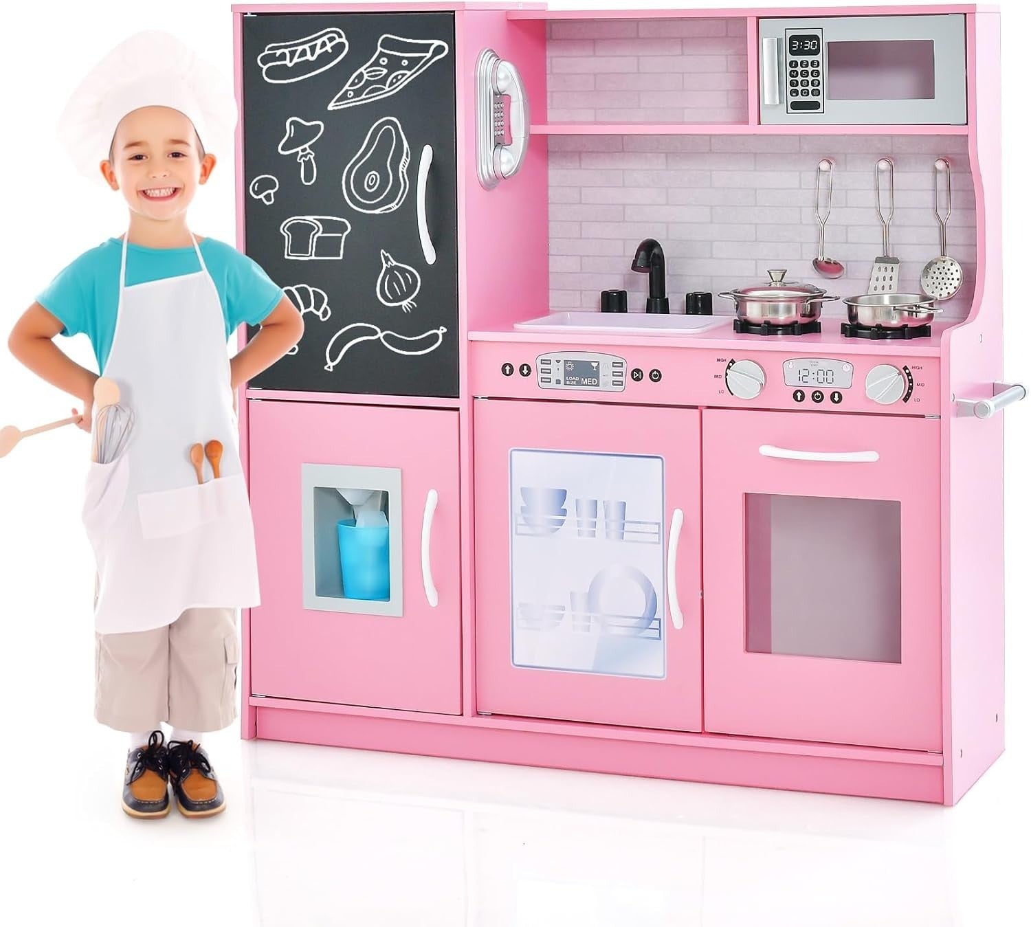 Kids Wooden Play Kitchen Blackboard Microwave Ice Maker Pink Set