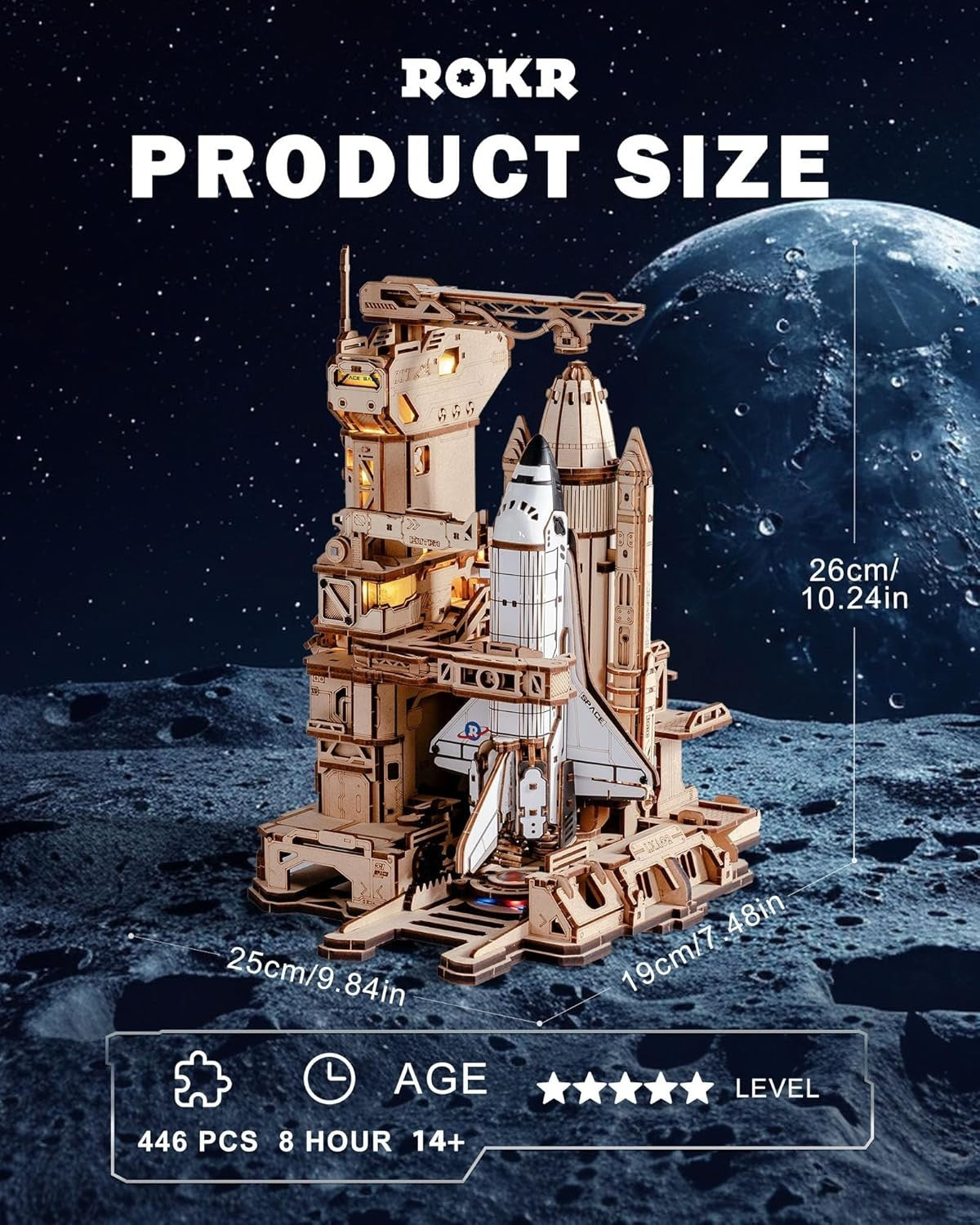 3D Wooden Space Shuttle Model Kit STEM Puzzle with Lights 446 Pieces