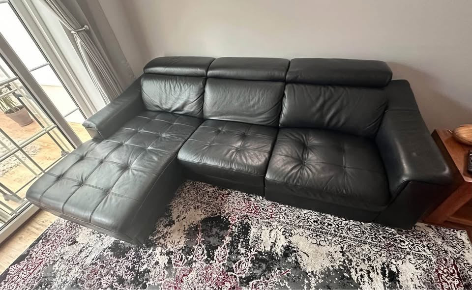 Italian Black Recliner Leather Corner Sofa L-Shape Sofa (PTP)