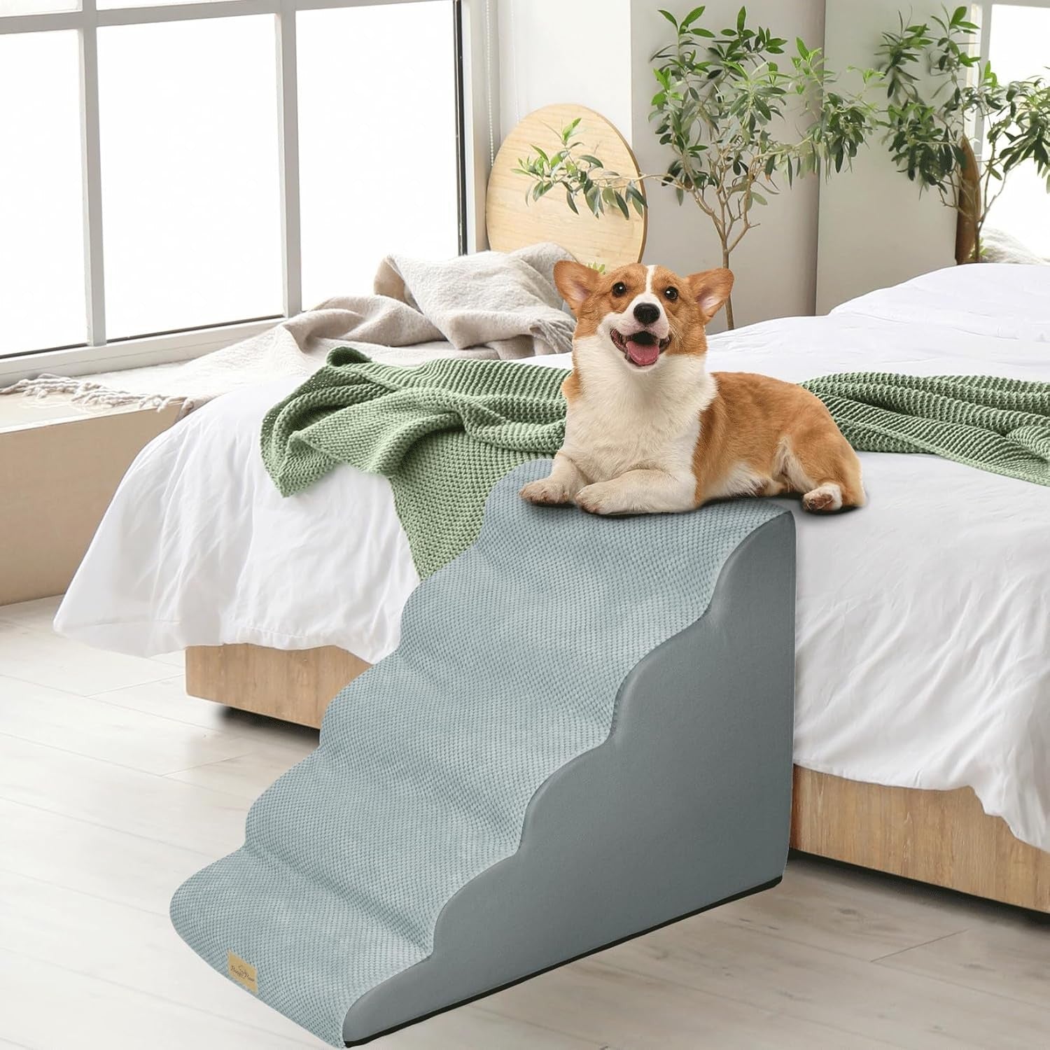 Grey 5 Step Dog Ramp Stairs High Density Foam Washable