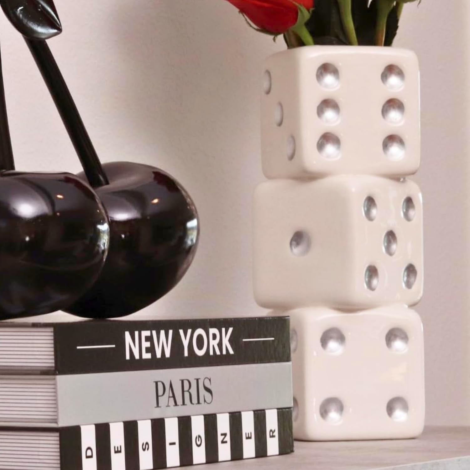 Dice Vase Ceramic Triple Stack White Silver Dot Modern Table Flower Decor