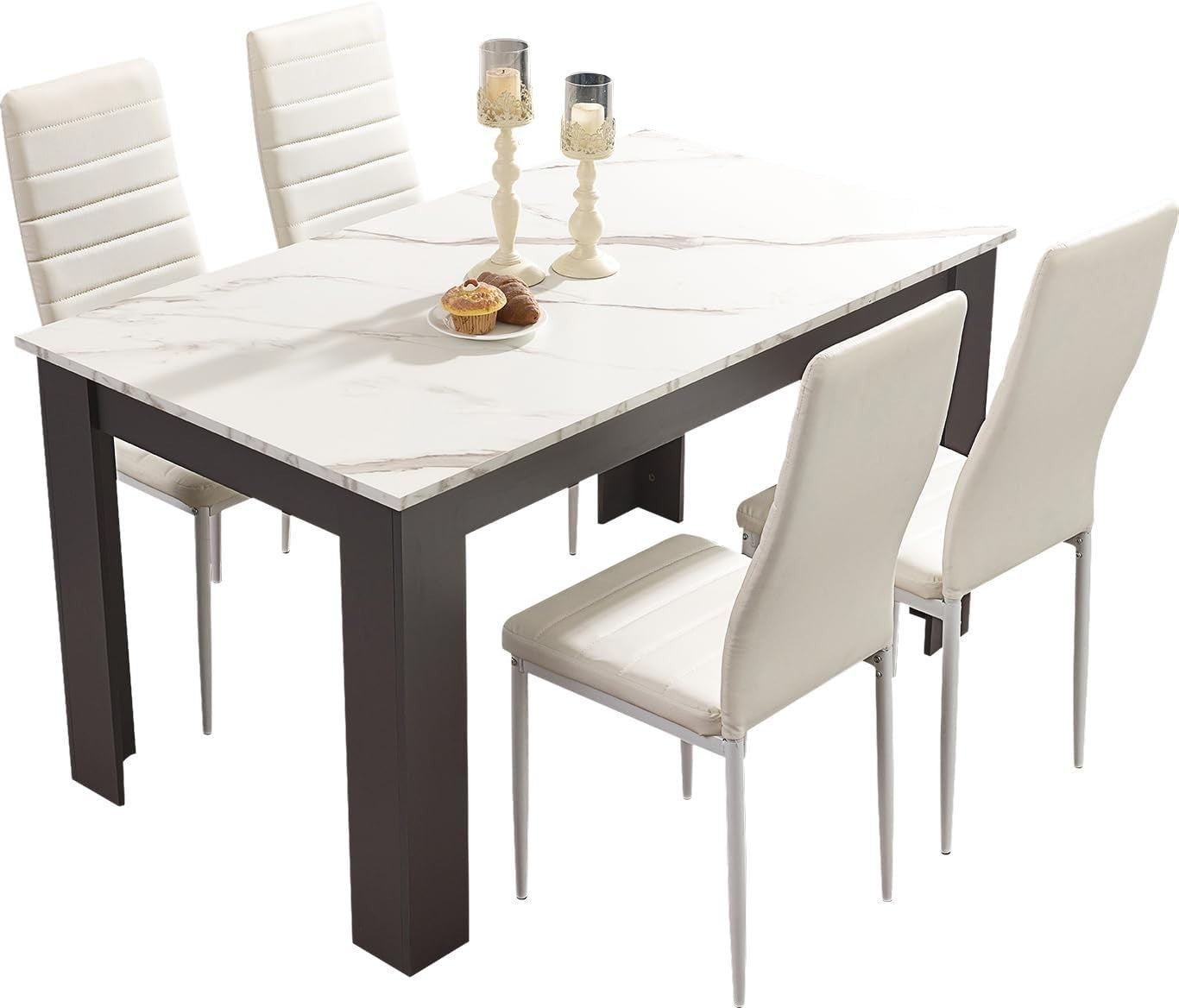 Modern Marble White Dining Table Set with 4 PU Leather Chairs 120x80cm