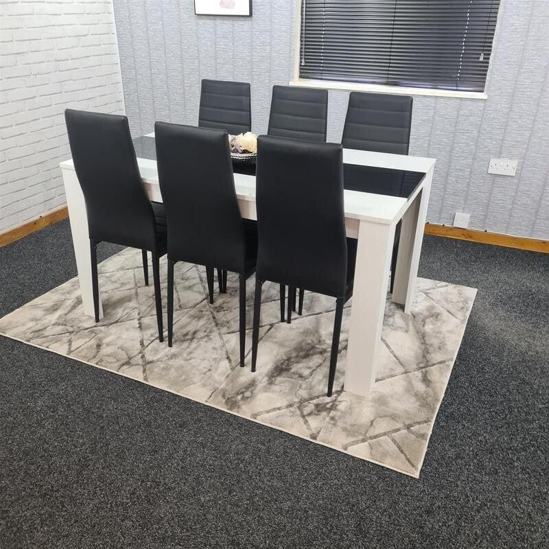 6 Seater Dining Table Set White Black Chairs Modern Kitchen Room MDF 140cm