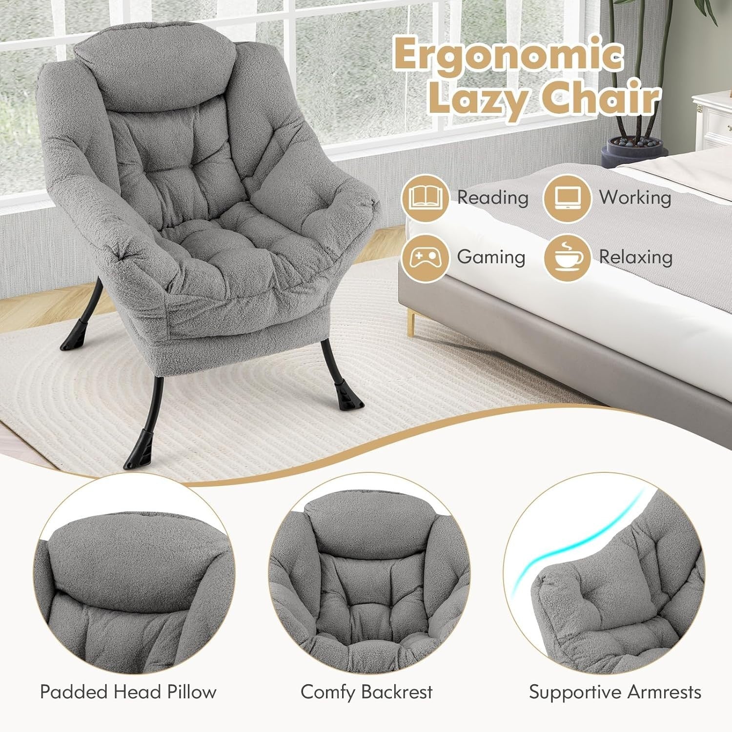 Grey Sherpa Armchair Comfy Reading Chair Lounge Sofa w/ Side Pocket