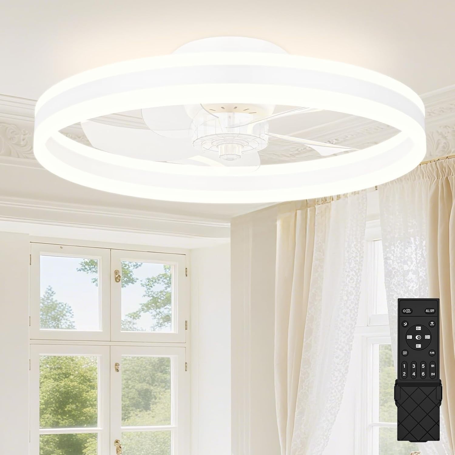 50cm Ceiling Fan Light, 6 Speeds, Dimmable Smart LED, Reversible, White