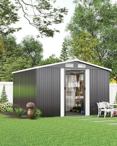 Lockable 8x8 FT Metal Garden Shed with Base Outdoor Storage House
