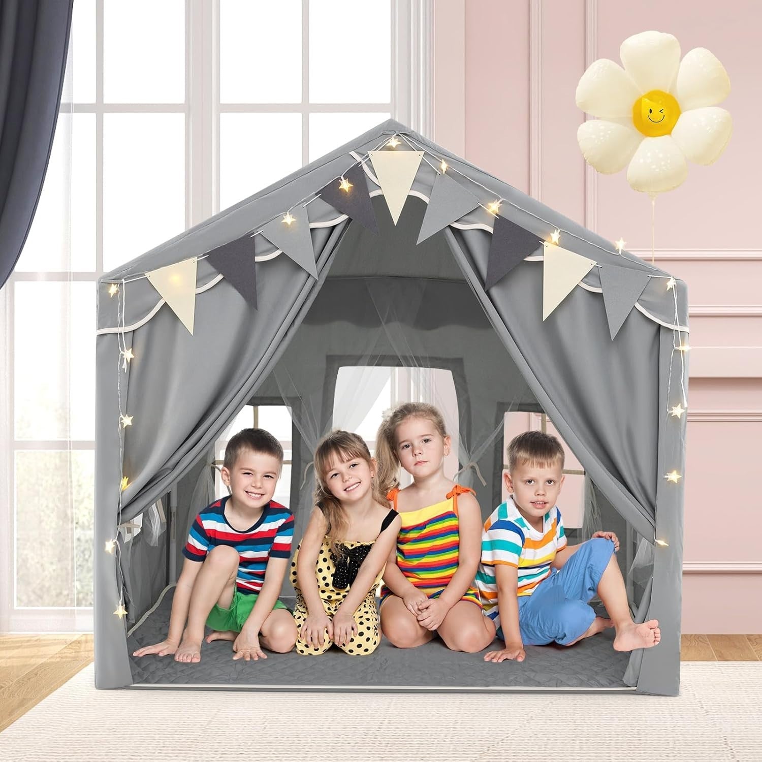 Kids Play Tent Castle Indoor w/ Star Lights Mat Windows Boys Girls Gift