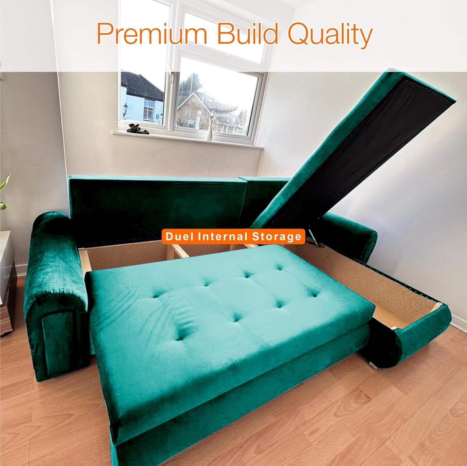 Green Velvet L-Shaped Sofa Bed w/ Storage & Pull-Out Sleeper 4 Seater