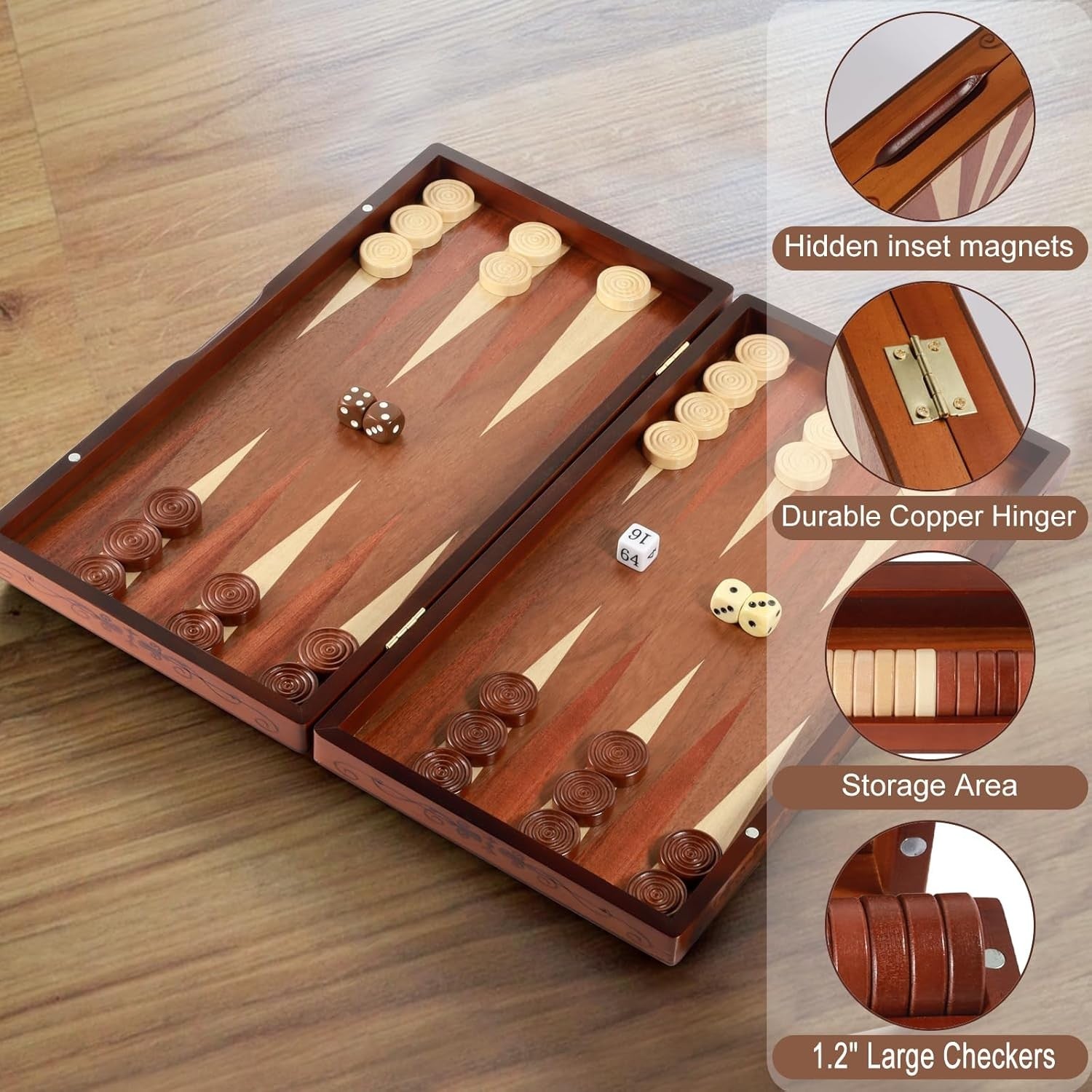 Large Wooden Backgammon Set 16” Folding Travel Board Luxury Strategy Game