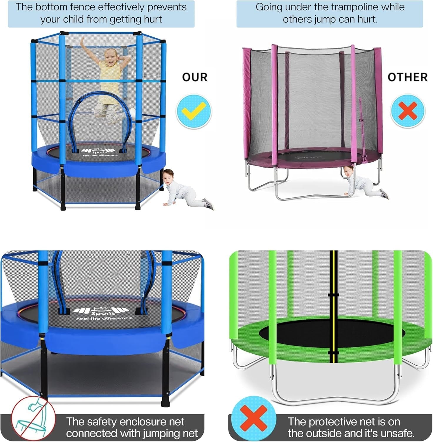 55” Kids Rebounder Trampoline w Safety Enclosure Indoor Outdoor Ages 1–11