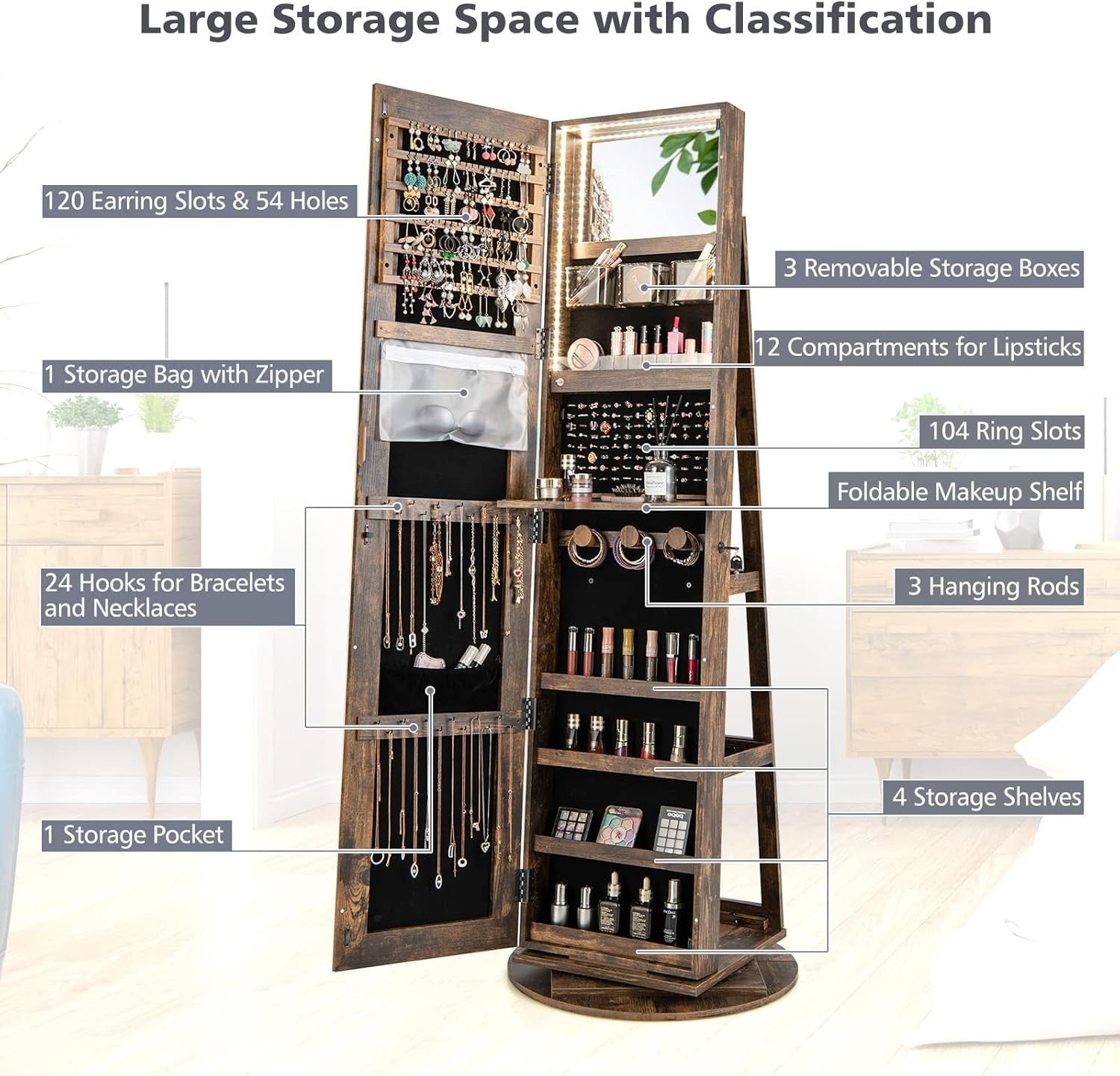 360° Rotating Jewelry Cabinet LED Mirror Lockable Storage Organizer