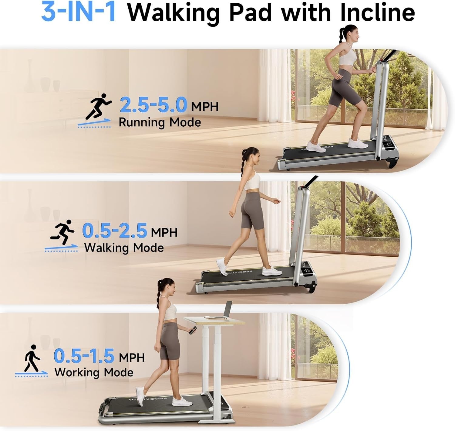 3-in-1 Incline Walking Pad Foldable Treadmill Home Office LED Display