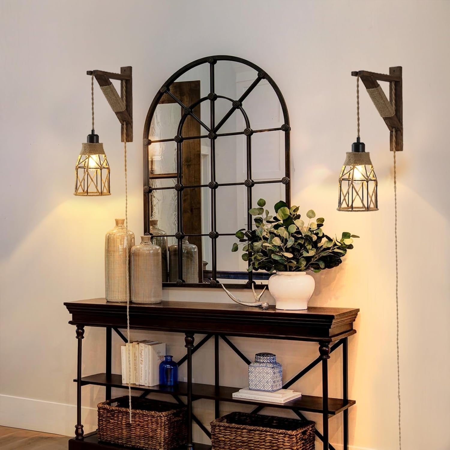 Rustic Farmhouse Plug-in Wall Sconces with Metal Cage & Wooden Bracket