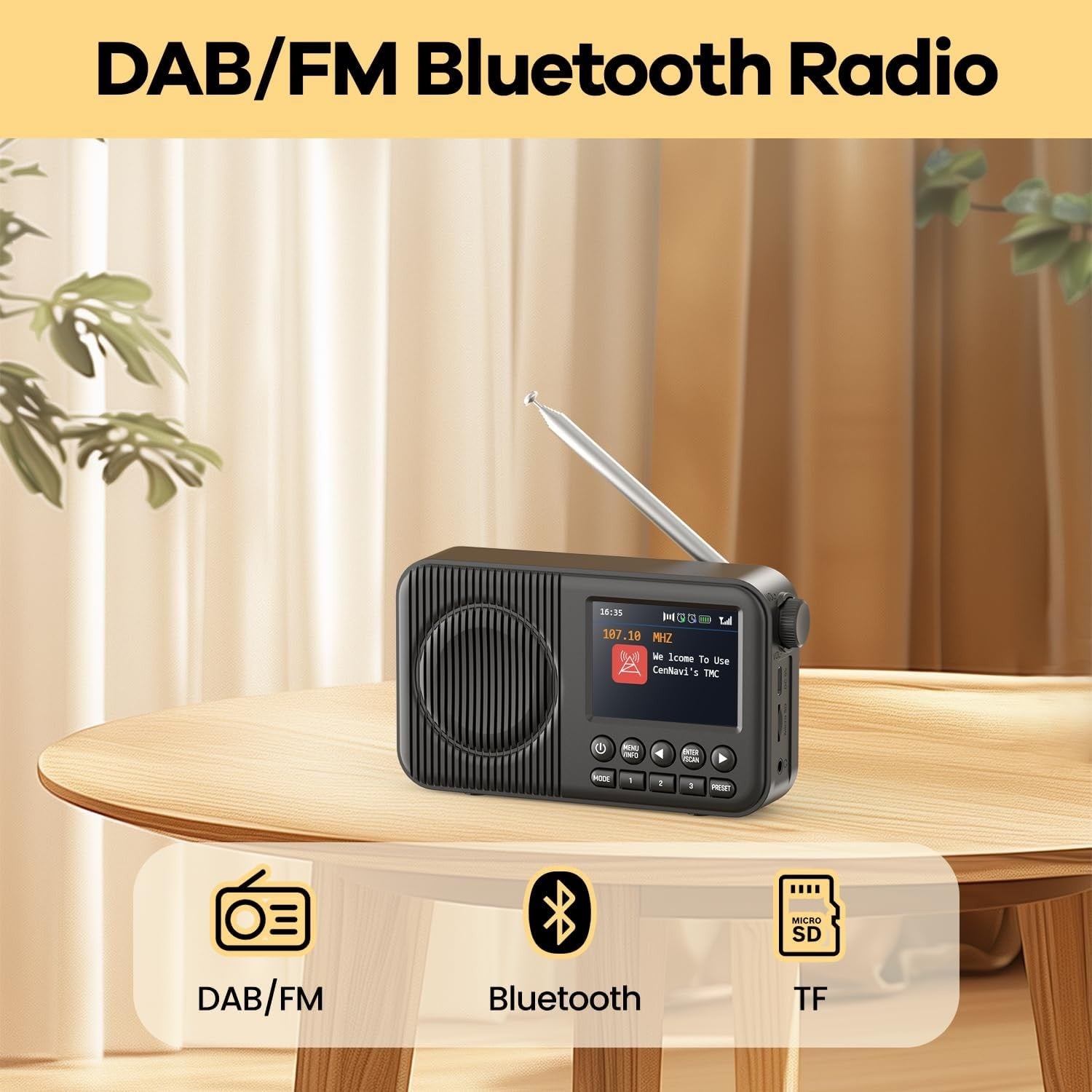 Portable DAB Digital Radio Bluetooth Rechargeable Dual Alarm Colour Display