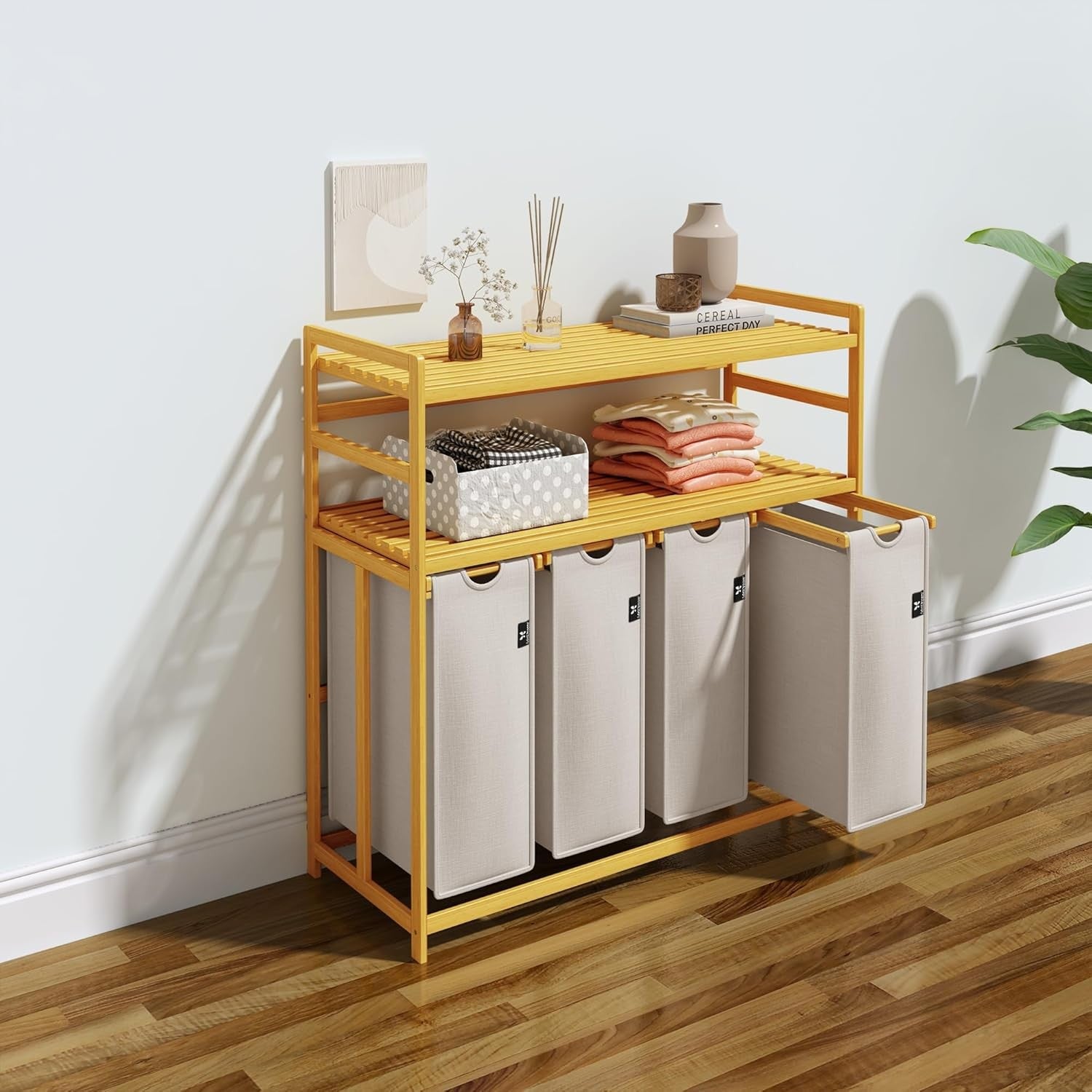 200L 4-Section Laundry Sorter Bamboo Frame With Shelf Removable Bags Grey