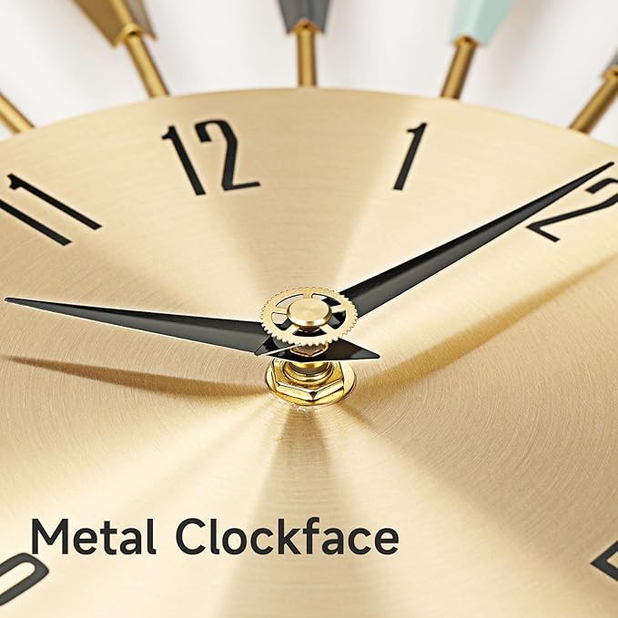 22" Mid Century Starburst Wall Clock Modern Silent Metal Large Home Decor