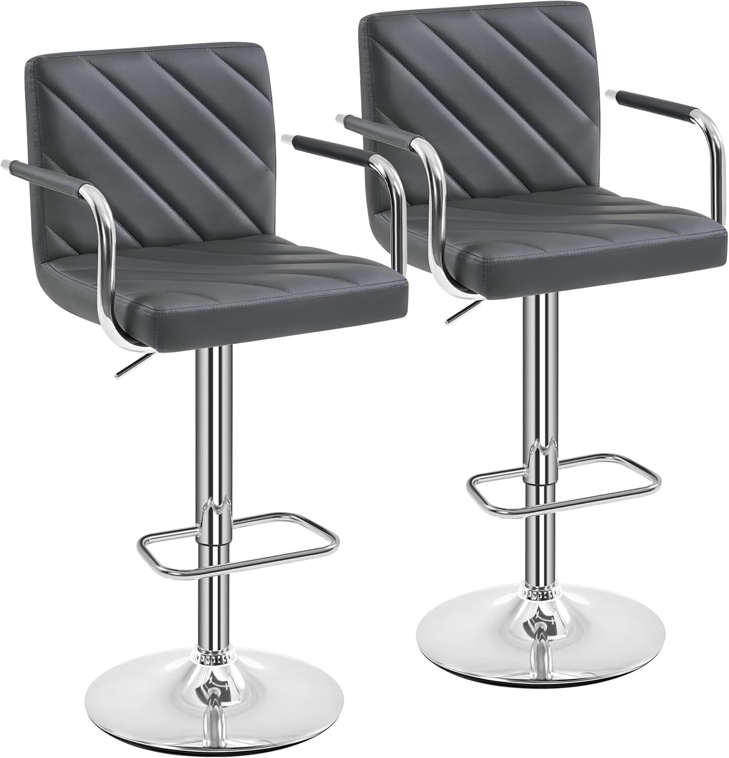 Dark Grey Adjustable Swivel Bar Stools Set of 2 Faux Leather Armchairs