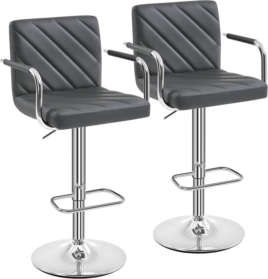 Dark Grey Adjustable Swivel Bar Stools Set of 2 Faux Leather Armchairs