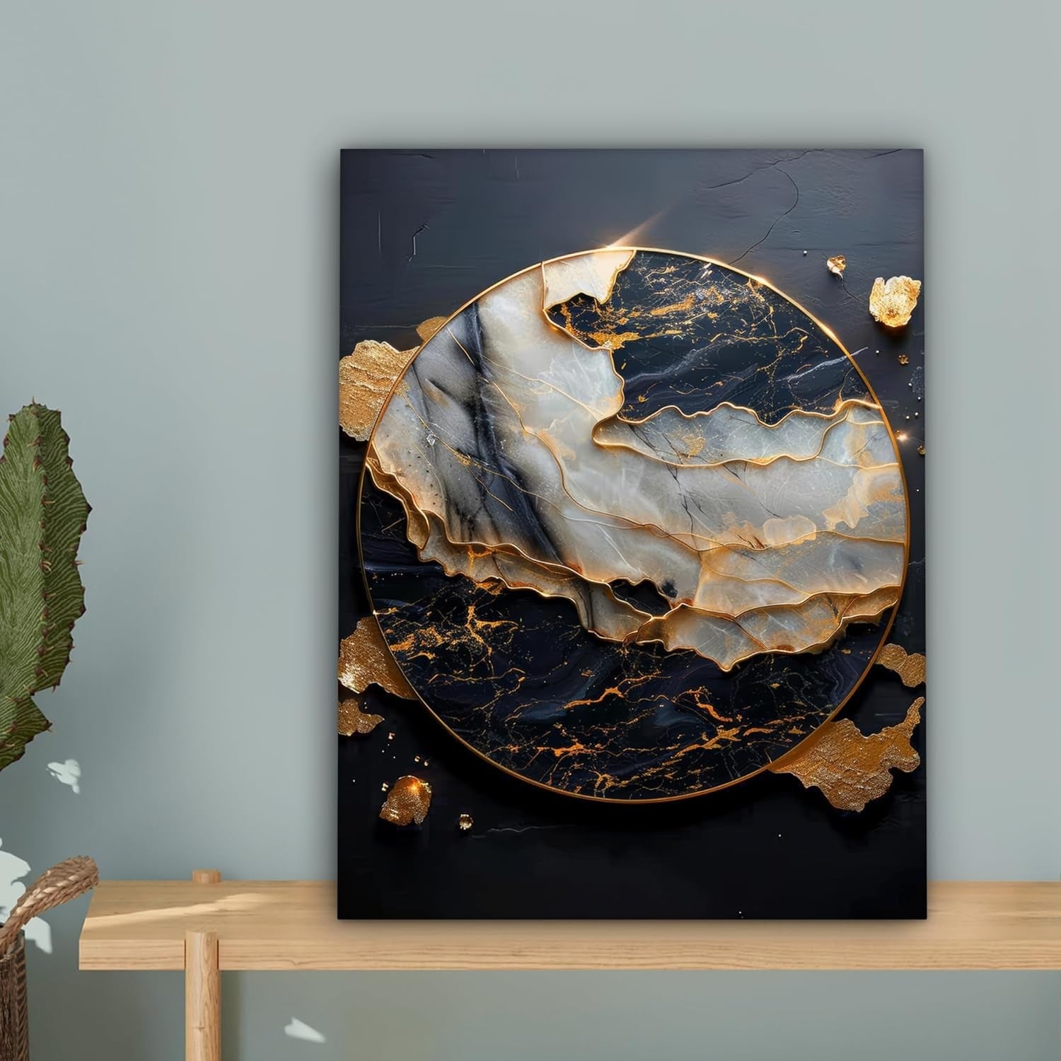 Gold Black Abstract Canvas Wall Art 30x40cm Framed Modern