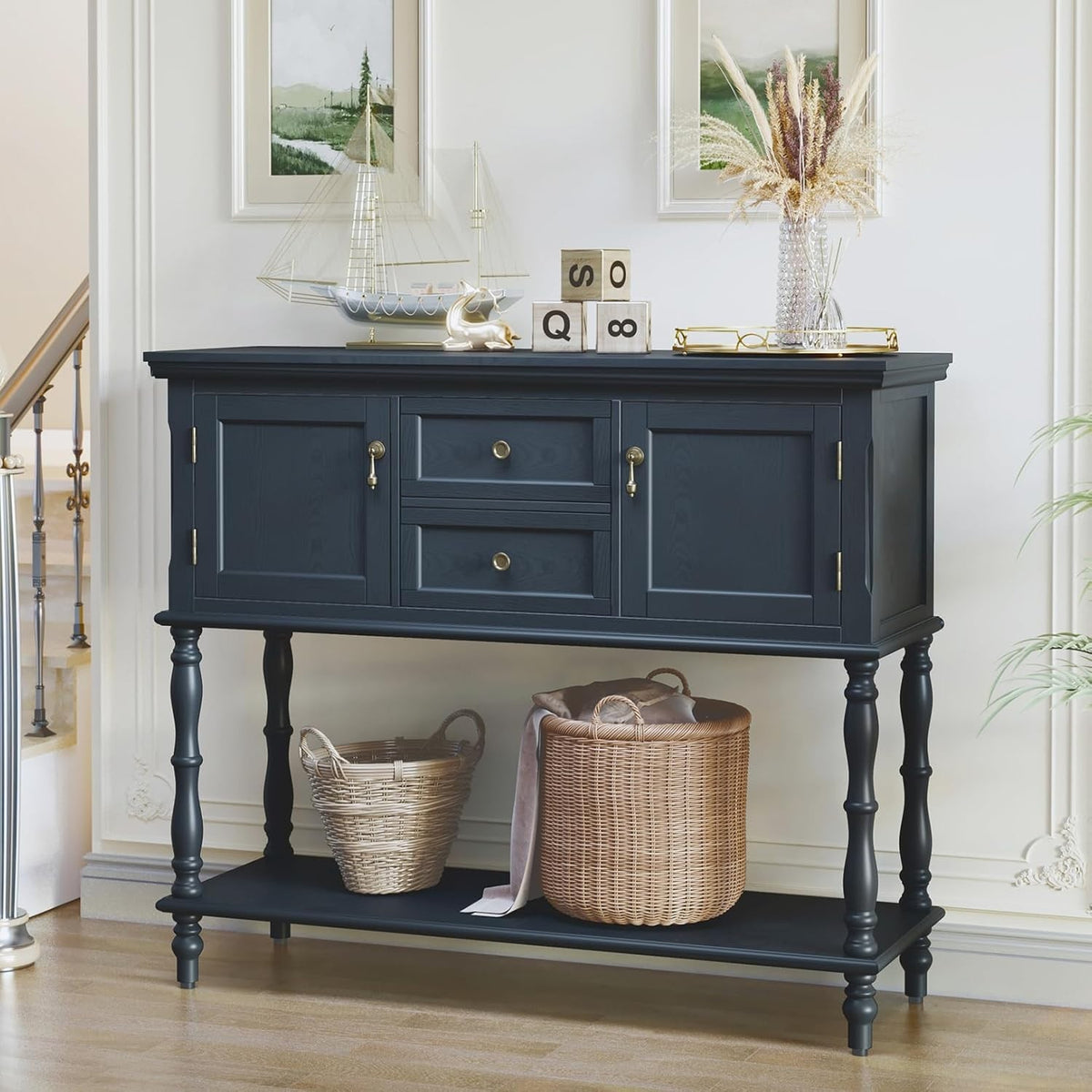 Retro Navy Blue Console Table with Storage Drawers & Shelf for Hallway