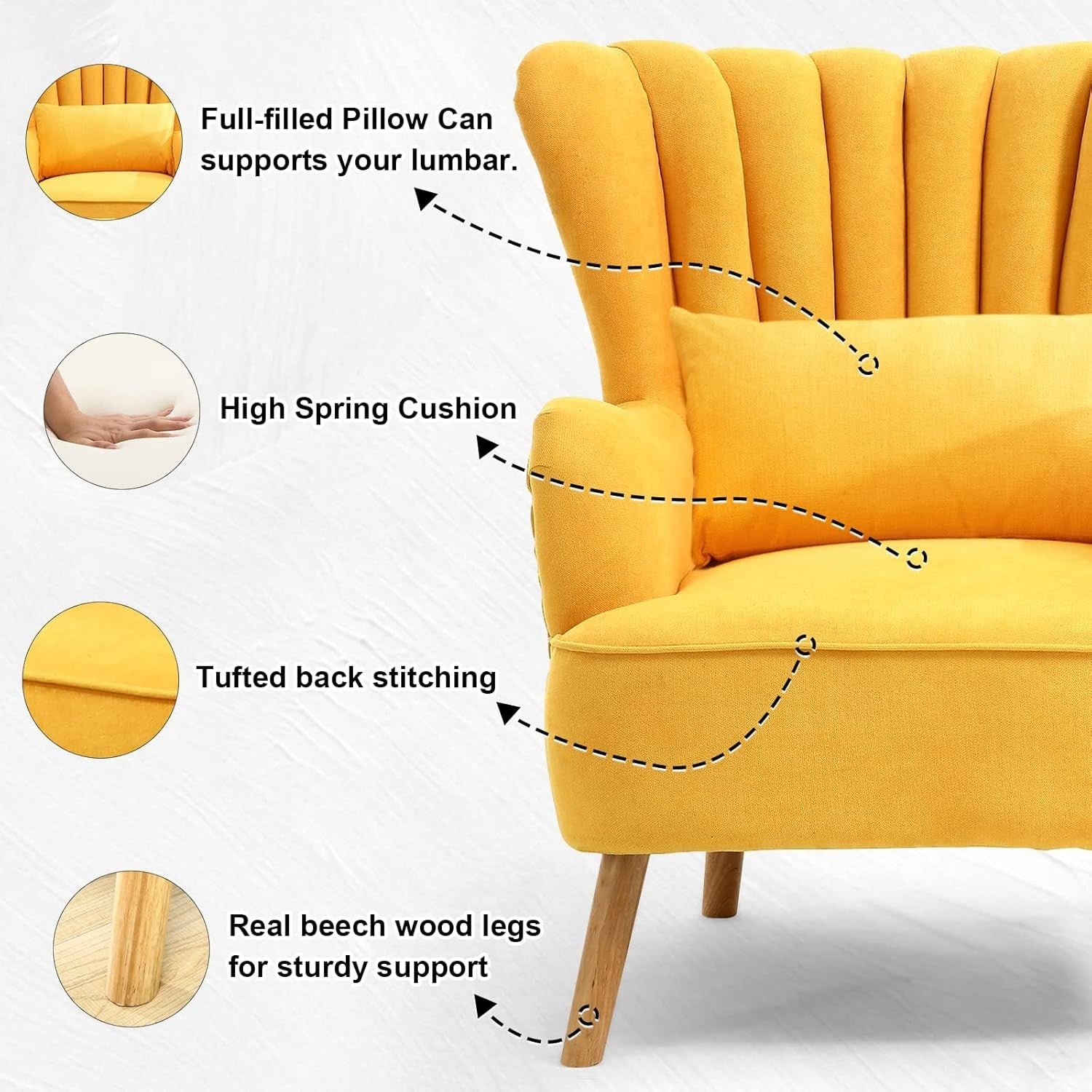 Yellow Linen Wingback Tub Chair with Footstool, Wooden Legs, Lounge Sofa