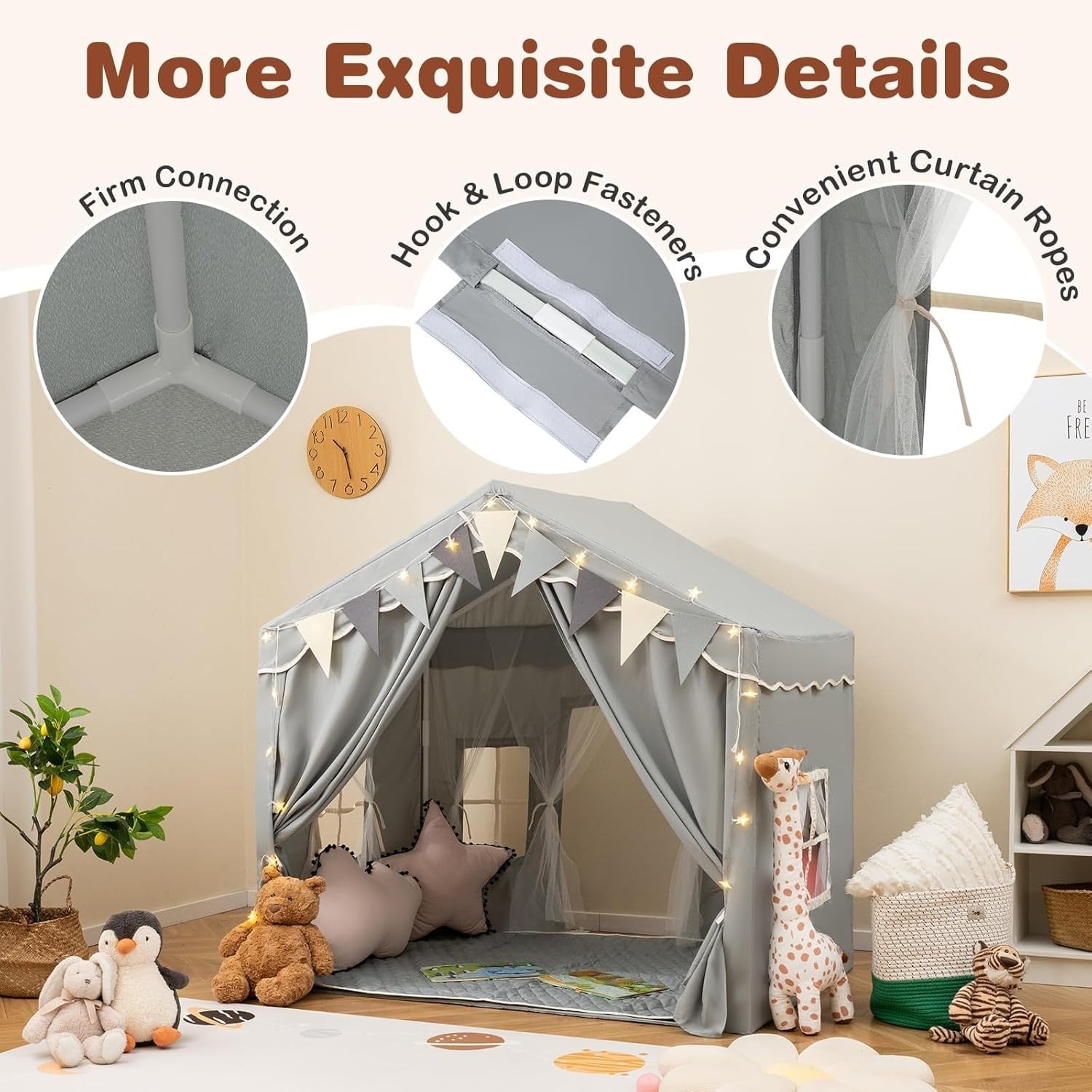 Grey Kids Castle Playhouse Tent Indoor Outdoor w Lights Mat Windows