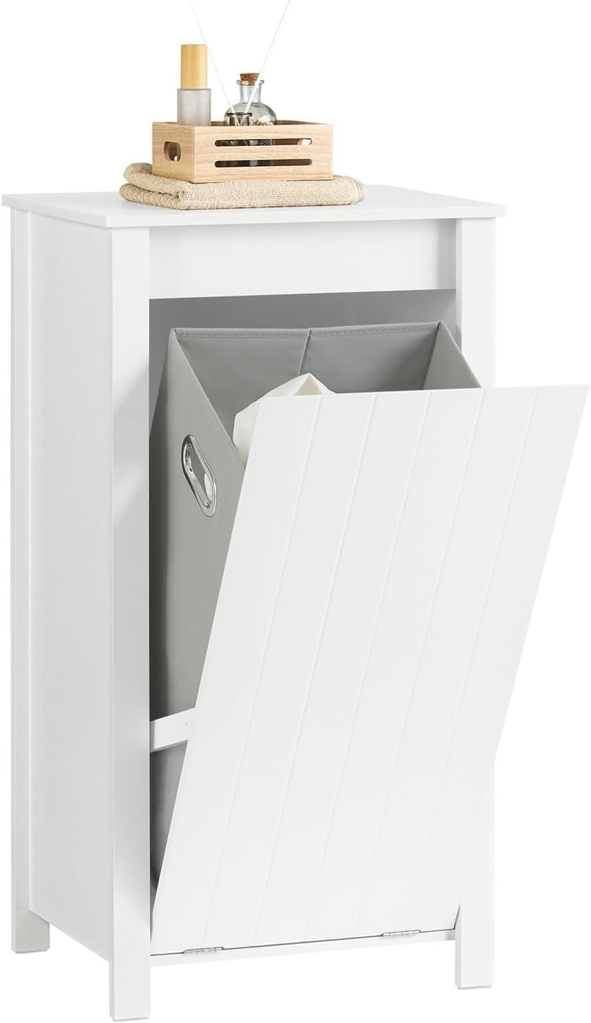 Bathroom Laundry Cabinet with Fold Out Basket Slim White Space Saving