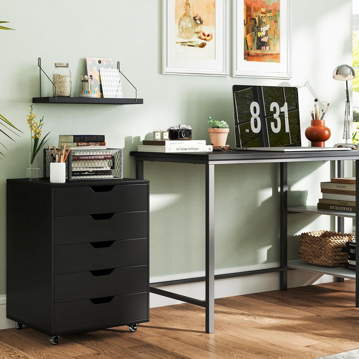 Black Mobile 5 Drawer File Cabinet Rolling Under Desk Office Storage