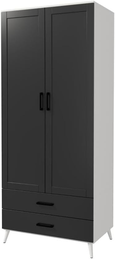 Black Modern Wardrobe 2 Doors 2 Drawers Bedroom Clothes Storage Unit
