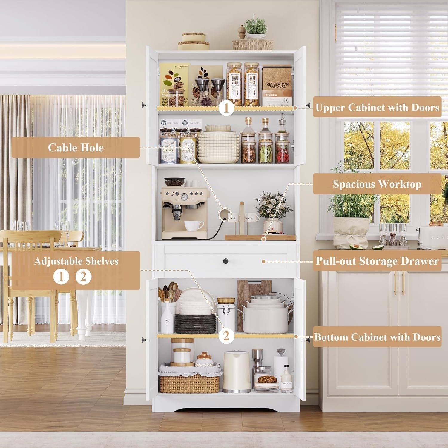 White 180cm Tall Kitchen Cupboard 4-Door Pantry 1-Drawer Countertop