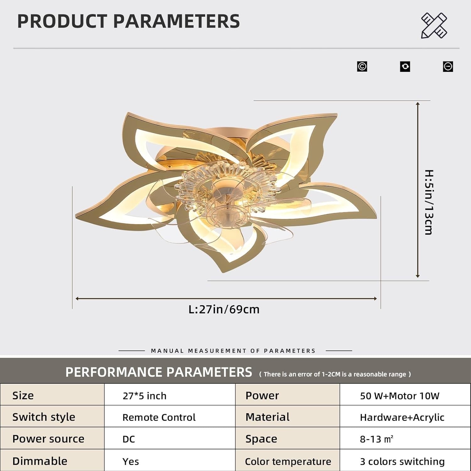 69CM Ceiling Fan Light, 6 Speeds, Dimmable LED, Remote, Gold, Bedroom/Living