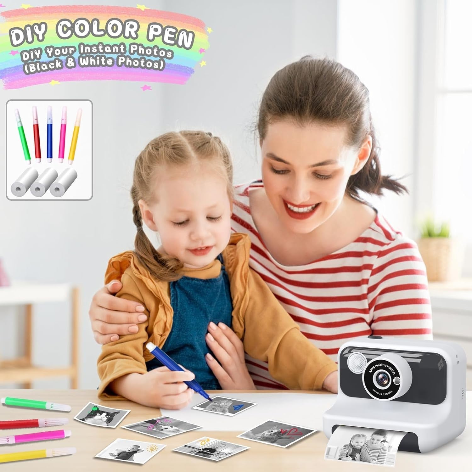 Kids Instant Print Camera 1080P HD 32GB Card Photo Paper Toy White
