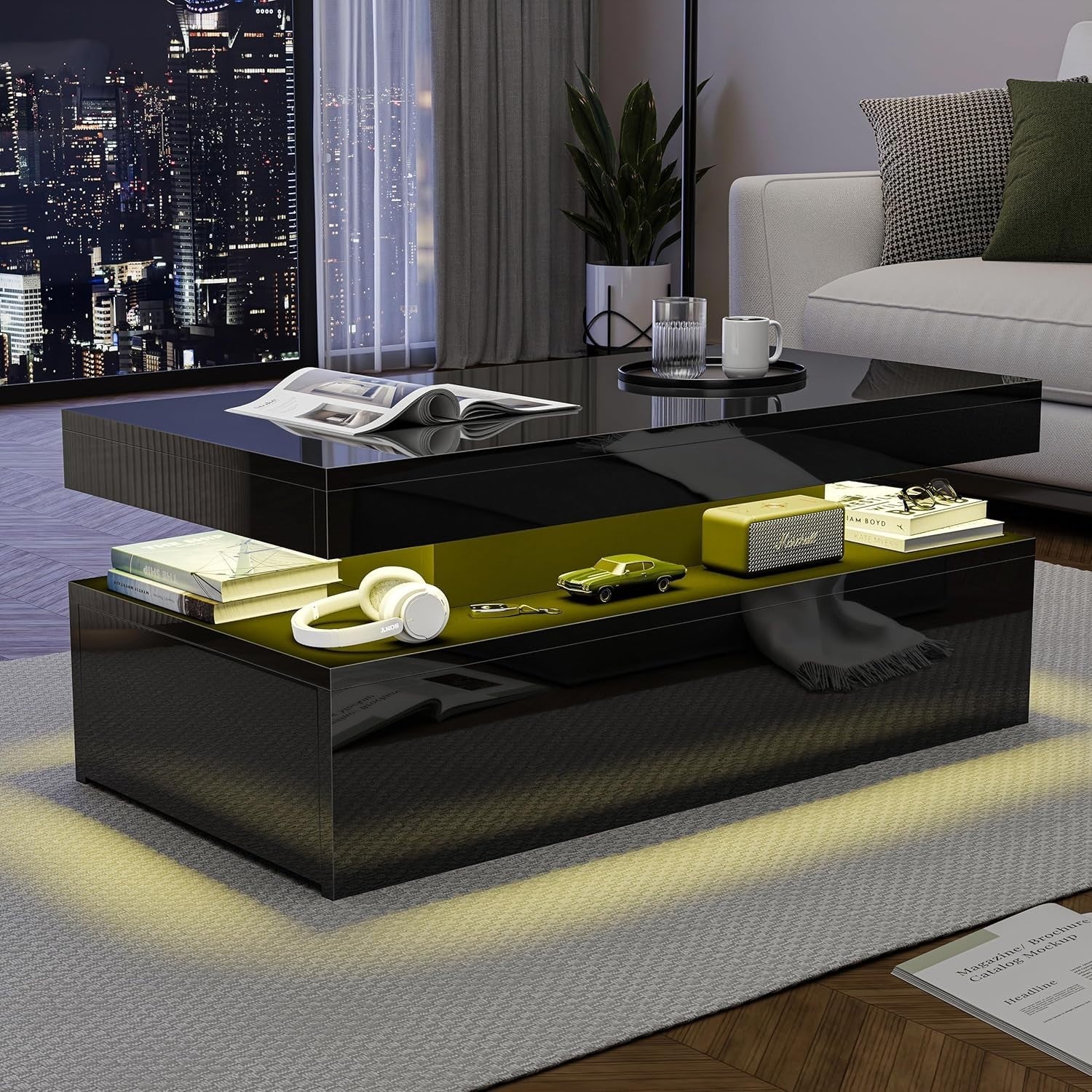 High Gloss Rectangle Coffee Table with 2 Drawers & RGB LED Lights 94x47x38cm