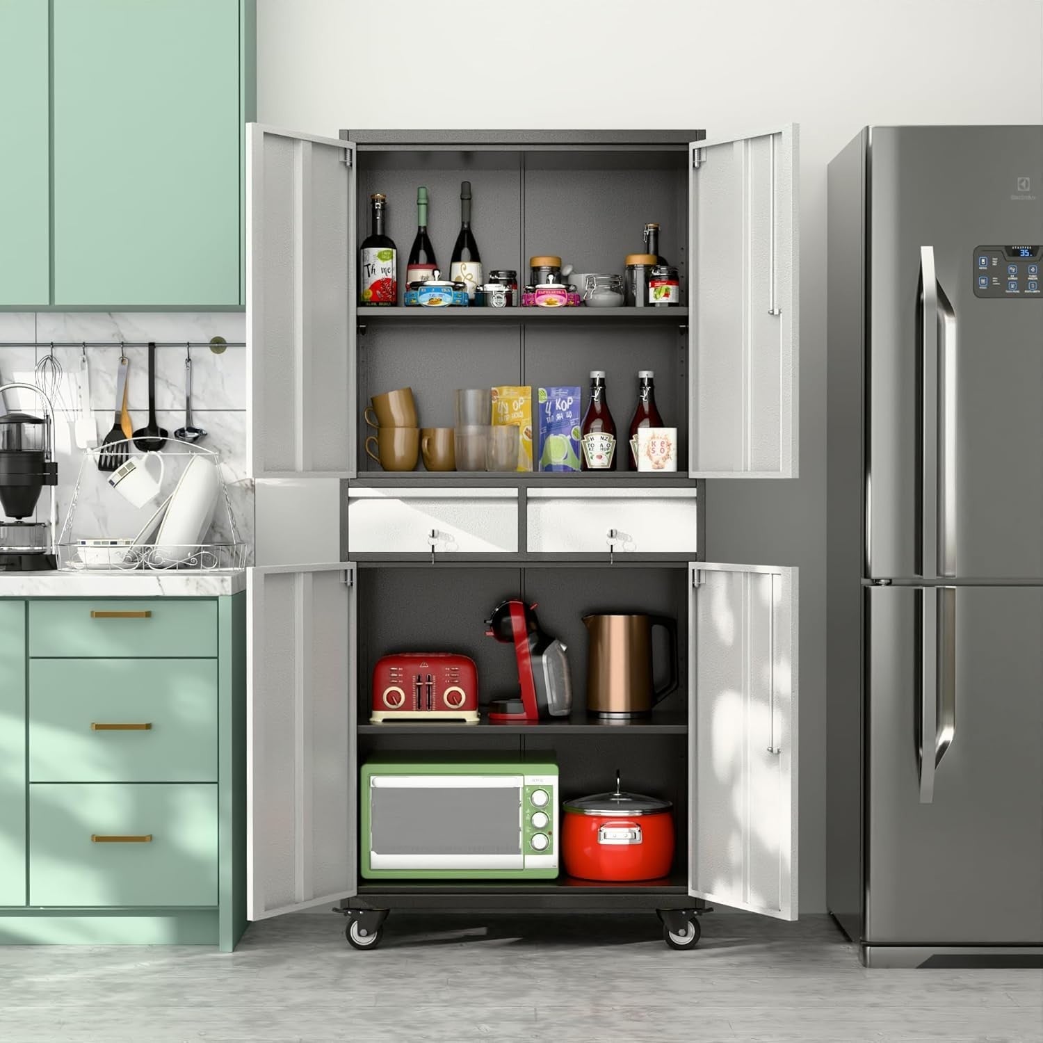 Lockable Metal Garage Cabinet with 2 Drawers, Adjustable Shelves & Wheels