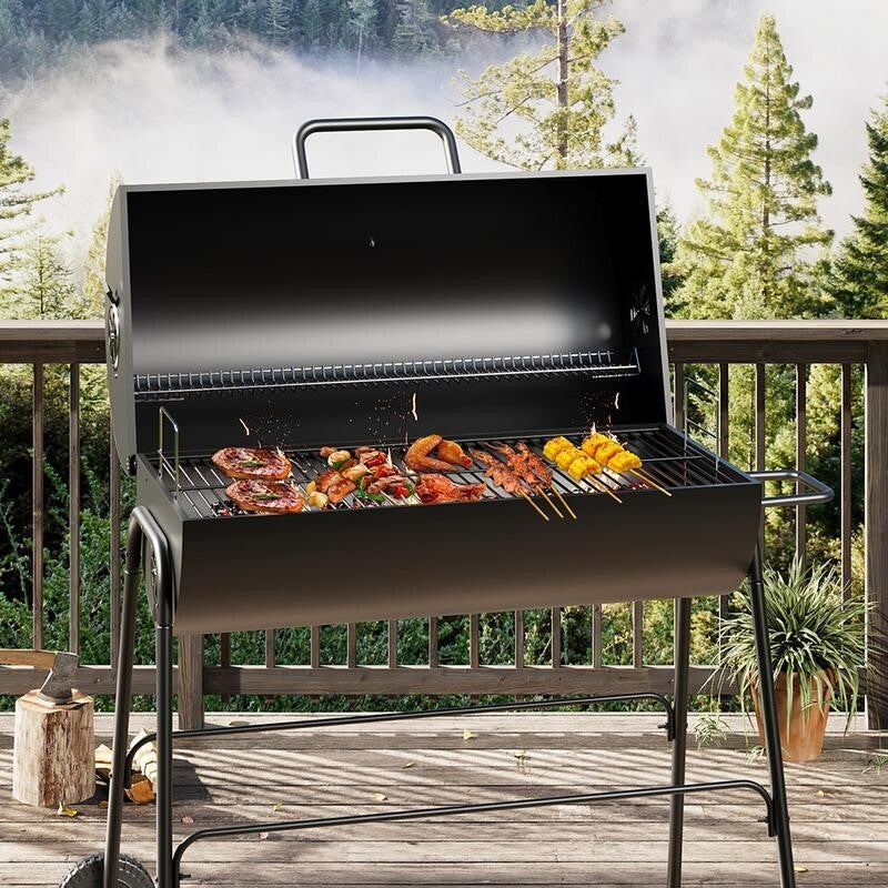 Charcoal BBQ Grill Outdoor Garden Cooker with Wheels & Thermometer