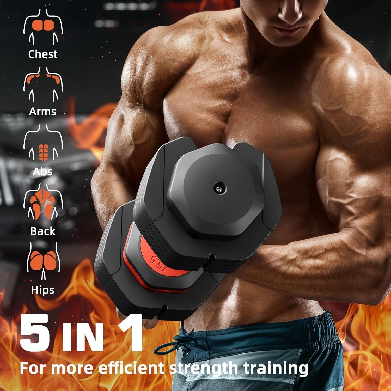 Adjustable Dumbbell Pair 24.5kg 5-in-1 One-Hand Dial Safety Lock