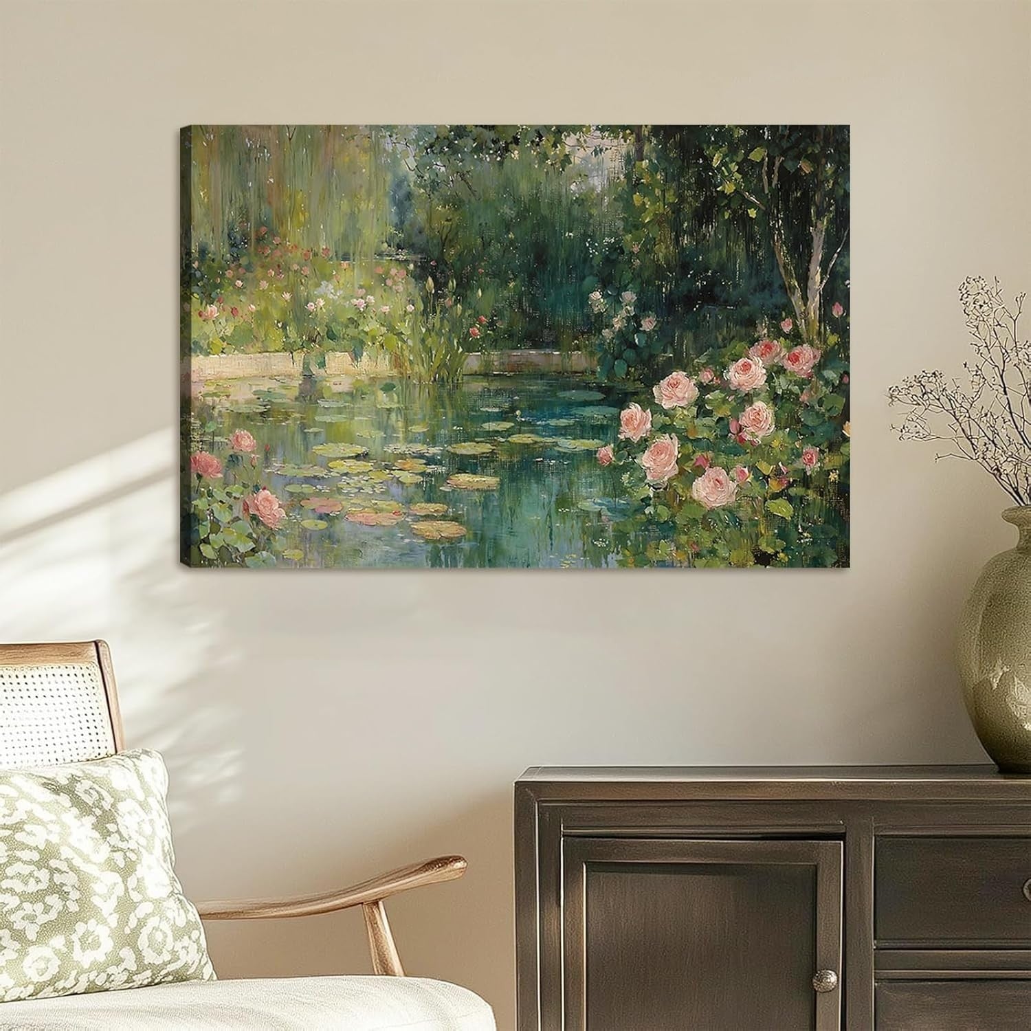 Impressionist Floral Pond Canvas Wall Art Framed Botanical Landscape Decor